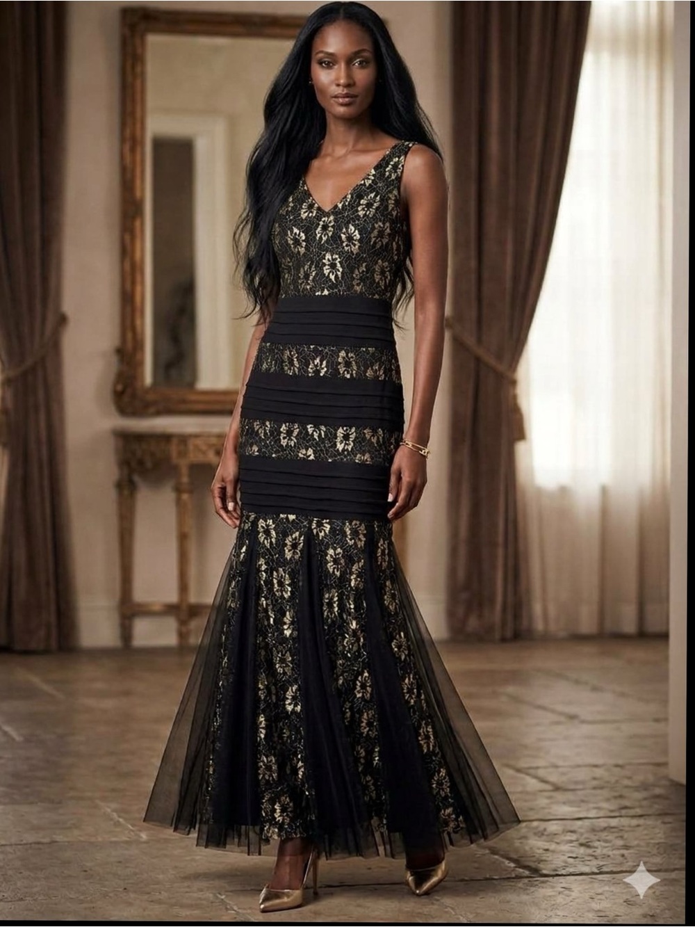 CANDALITE PETITE Black & Gold Metallic Lace Mermaid Evening Formal Dress Size LP